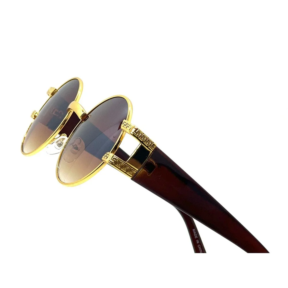 Round Sunglasses Gold Frame Brown Lens Greek Key Accents Men Hip Hop Street Wear